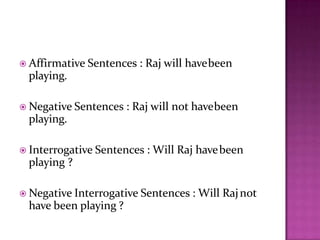  Affirmative Sentences : Raj will havebeen
playing.
 Negative Sentences : Raj will not havebeen
playing.
 Interrogative Sentences : Will Raj havebeen
playing ?
 Negative Interrogative Sentences : Will Rajnot
have been playing ?
 