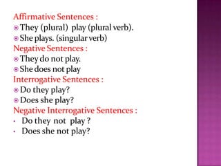 Affirmative Sentences :
 They (plural) play (plural verb).
 She plays. (singularverb)
Negative Sentences :
 Theydo not play.
 She does not play
Interrogative Sentences :
 Do they play?
 Does she play?
Negative Interrogative Sentences :
• Do they not play ?
• Does she not play?
 
