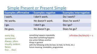Simple Present or Present Simple
Examples affirmative Examples negative Examples interrogative
I work. I don't work. Do I work?
He works. He doesn't work. Does he work?
I go. I don't go. Do I go?
He goes. He doesn't go. Does he go?
every day,
sometimes
Always, often
Usually, seldom
Never,
first ... then
something happens repeatedly
how often something happens
one action follows another
things in general
with the following verbs (to love, to hate, to think, etc.)
future meaning: timetables, programmes
infinitive (he/she/it) + -s
 