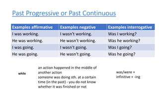 Past Progressive or Past Continuous
Examples affirmative Examples negative Examples interrogative
I was working. I wasn't working. Was I working?
He was working. He wasn't working. Was he working?
I was going. I wasn't going. Was I going?
He was going. He wasn't going. Was he going?
while
an action happened in the middle of
another action
someone was doing sth. at a certain
time (in the past) - you do not know
whether it was finished or not
was/were +
infinitive + -ing
 
