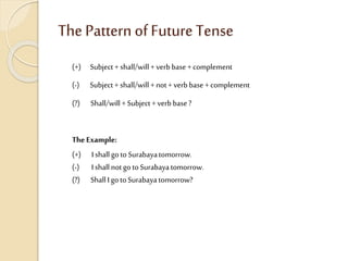 The Pattern of FutureTense
(+) Subject +shall/will+verb base +complement
(-) Subject +shall/will+not+verb base +complement
(?) Shall/will+Subject +verbbase?
The Example:
(+) I shallgoto Surabayatomorrow.
(-) I shallnotgotoSurabayatomorrow.
(?) ShallI gotoSurabayatomorrow?
 