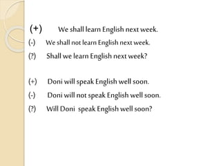 (+) We shalllearn Englishnext week.
(-) Weshallnot learnEnglishnextweek.
(?) Shallwe learn Englishnextweek?
(+) Doni will speak Englishwellsoon.
(-) Doniwill not speak English wellsoon.
(?) WillDoni speak Englishwellsoon?
 