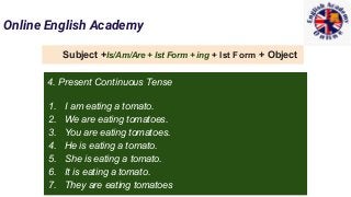 Online English Academy
4. Present Continuous Tense
1. I am eating a tomato.
2. We are eating tomatoes.
3. You are eating tomatoes.
4. He is eating a tomato.
5. She is eating a tomato.
6. It is eating a tomato.
7. They are eating tomatoes
Subject +Is/Am/Are + Ist Form + ing + Ist Form + Object
 