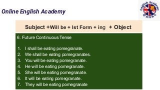 Online English Academy
Subject +Will be + Ist Form + ing + Object
6. Future Continuous Tense
1. I shall be eating pomegranate.
2. We shall be eating pomegranates.
3. You will be eating pomegranate.
4. He will be eating pomegranate.
5. She will be eating pomegranate.
6. It will be eating pomegranate.
7. They will be eating pomegranate
 
