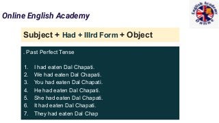Online English Academy
Subject + Had + IIIrd Form + Object
. Past Perfect Tense
1. I had eaten Dal Chapati.
2. We had eaten Dal Chapati.
3. You had eaten Dal Chapati.
4. He had eaten Dal Chapati.
5. She had eaten Dal Chapati.
6. It had eaten Dal Chapati.
7. They had eaten Dal Chap
 