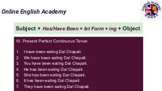 Online English Academy
Subject + Has/Have Been + Ist Form + ing + Object
10. Present Perfect Continuous Tense
1. I have been eating Dal Chapati.
2. We have been eating Dal Chapati.
3. You have been eating Dal Chapati.
4. He has been eating Dal Chapati.
5. She has been eating Dal Chapati.
6. It has been eating Dal Chapati.
7. They have been eating Dal Chapati.
 