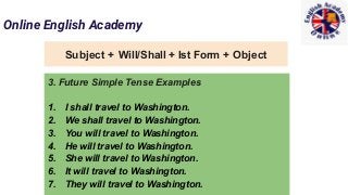 Online English Academy
Subject + Will/Shall + Ist Form + Object
3. Future Simple Tense Examples
1. I shall travel to Washington.
2. We shall travel to Washington.
3. You will travel to Washington.
4. He will travel to Washington.
5. She will travel to Washington.
6. It will travel to Washington.
7. They will travel to Washington.
 