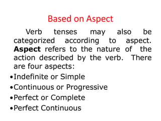 Based on Aspect
Verb tenses may also be
categorized according to aspect.
Aspect refers to the nature of the
action described by the verb. There
are four aspects:
•Indefinite or Simple
•Continuous or Progressive
•Perfect or Complete
•Perfect Continuous
 