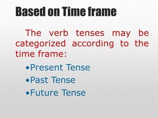 Based on Time frame
The verb tenses may be
categorized according to the
time frame:
•Present Tense
•Past Tense
•Future Tense
 