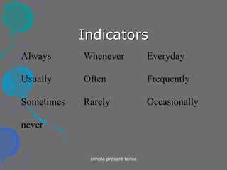 simple present tense
Indicators
Always Whenever Everyday
Usually Often Frequently
Sometimes Rarely Occasionally
never
 