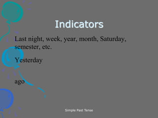 Simple Past Tense
Indicators
Last night, week, year, month, Saturday,
semester, etc.
Yesterday
ago
 