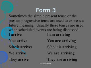 Future Tense
Form 3
Sometimes the simple present tense or the
present progressive tense are used to express a
future meaning. Usually these tenses are used
when scheduled events are being discussed.
I arrive I am arriving
You arrive You are arriving
S/he/it arrives S/he/it is arriving
We arrive We are arriving
They arrive They are arriving
 