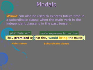 Modals
Would can also be used to express future time in
a subordinate clause when the main verb in the
independent clause is in the past tense.
They promised us that they would bring the music.
past tense verb
Main clause
They promised us that they would bring the music.
Subordinate clause
modal expresses future time
 