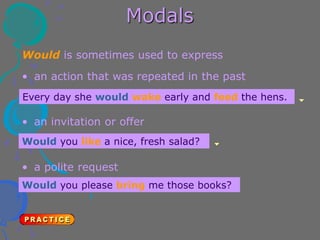 Modals
Would is sometimes used to express
Every day she would wake early and feed the hens.
Would you like a nice, fresh salad?
• an action that was repeated in the past
• an invitation or offer
• a polite request
Would you please bring me those books?
 