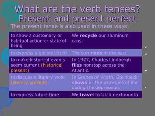 What are the verb tenses?
Present and present perfect
The present tense is also used in these ways:
In Grapes of Wrath, Steinbeck
shows us the extremes of life
during the depression.
to discuss a literary work
(literary present)
In 1927, Charles Lindbergh
flies nonstop across the
Atlantic.
to make historical events
seem current (historical
present)
The sun rises in the east.
to express a general truth
We recycle our aluminum
cans.
to show a customary or
habitual action or state of
being
We travel to Utah next month.
to express future time
 
