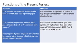 Functions of the Present Perfect
Functions Examples
1) To introduce a new topic. Could also be
used to introduce a new report or paper.
There has been a large body of research
regarding the effect of carbon emissions on
climate change.
2) To summarize previous research with
general subjects (such as “researchers have
found…”)
Present perfect places emphasis on what has
been done rather than on what is known to
be true (present simple).
Some studies have found that girls have
significantly higher fears than boys after
trauma (Pfefferbaum et al., 1999; Pine &
Cohen, 2002; Shaw, 2003).
 