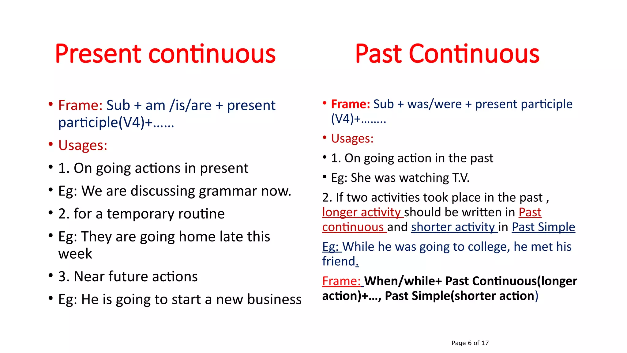 Present continuous Past Continuous
• Frame: Sub + am /is/are + present
participle(V4)+……
• Usages:
• 1. On going actions in present
• Eg: We are discussing grammar now.
• 2. for a temporary routine
• Eg: They are going home late this
week
• 3. Near future actions
• Eg: He is going to start a new business
• Frame: Sub + was/were + present participle
(V4)+……..
• Usages:
• 1. On going action in the past
• Eg: She was watching T.V.
2. If two activities took place in the past ,
longer activity should be written in Past
continuous and shorter activity in Past Simple
Eg: While he was going to college, he met his
friend.
Frame: When/while+ Past Continuous(longer
action)+…, Past Simple(shorter action)
Page 6 of 17
 
