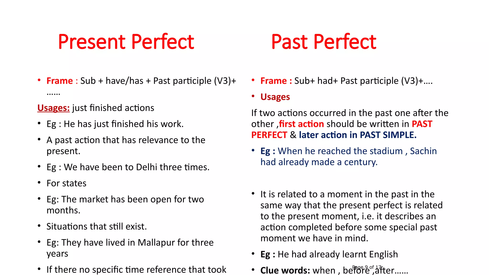 Present Perfect Past Perfect
• Frame : Sub + have/has + Past participle (V3)+
……
Usages: just finished actions
• Eg : He has just finished his work.
• A past action that has relevance to the
present.
• Eg : We have been to Delhi three times.
• For states
• Eg: The market has been open for two
months.
• Situations that still exist.
• Eg: They have lived in Mallapur for three
years
• If there no specific time reference that took
• Frame : Sub+ had+ Past participle (V3)+….
• Usages
If two actions occurred in the past one after the
other ,first action should be written in PAST
PERFECT & later action in PAST SIMPLE.
• Eg : When he reached the stadium , Sachin
had already made a century.
• It is related to a moment in the past in the
same way that the present perfect is related
to the present moment, i.e. it describes an
action completed before some special past
moment we have in mind.
• Eg : He had already learnt English
• Clue words: when , before ,after……Page 9 of 17
 
