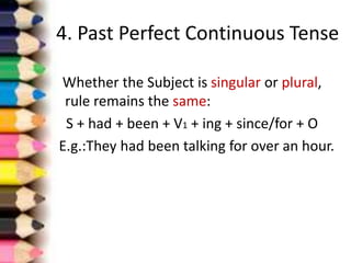 4. Past Perfect Continuous Tense
Whether the Subject is singular or plural,
rule remains the same:
S + had + been + V1 + ing + since/for + O
E.g.:They had been talking for over an hour.
 