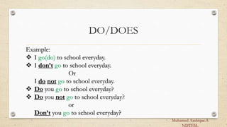 DO/DOES
Example:
 I go(do) to school everyday.
 I don’t go to school everyday.
Or
I do not go to school everyday.
 Do you go to school everyday?
 Do you not go to school everyday?
or
Don’t you go to school everyday?
Muhamed Aashique.A
NDTESL
 