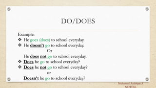 DO/DOES
Example:
 He goes (does) to school everyday.
 He doesn’t go to school everyday.
Or
He does not go to school everyday.
 Does he go to school everyday?
 Does he not go to school everyday?
or
Doesn’t he go to school everyday?
Muhamed Aashique.A
NDTESL
 