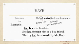 HAVE
In the past;
Had
Example:
I had been in London.
She had chosen him as a boy friend.
The toy had been made by Mr. Ravi.
He had worked in airport for 6 years.
Muhamed Aashique.A
NDTESL
 
