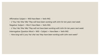 Affirmative: Subject + Will Have Been + Verb-ING
◦ I/ You/ He/ She/ We/ They will have been working with John for ten years next week.
Negative: Subject + Won’t Have Been + Verb-ING
◦ I/ You/ He/ She/ We/ They will not have been working with John for ten years next week.
Interrogative: Question Word + Will + Subject + Have Been + Verb-ING
◦ How long will I/ you/ he/ she/ we/ they have been working with John next week?
 