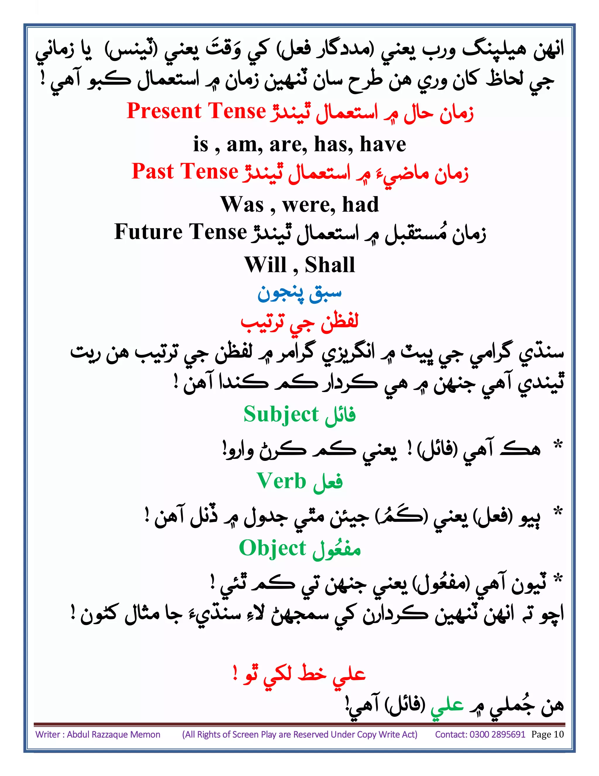 Writer : Abdul Razzaque Memon (All Rights of Screen Play are Reserved Under Copy Write Act) Contact: 0300 2895691 Page 10
‫ورب‬ ‫هيلپنگ‬ ‫انهن‬‫يعني‬(‫فعل‬ ‫مددگار‬)‫و‬ ‫کي‬‫قت‬‫يعني‬(‫ٽينس‬)‫زماني‬ ‫يا‬
‫طرح‬ ‫هن‬ ‫وري‬ ‫کان‬ ‫لحاظ‬ ‫جي‬‫۾‬ ‫زمان‬ ‫ٽنهين‬ ‫سان‬‫آهي‬ ‫ڪبو‬ ‫استعمال‬!
Present Tense ‫ٿيندڙ‬ ‫استعمال‬ ‫۾‬ ‫حال‬ ‫زمان‬
is , am, are, has, have
Past Tense ‫زمان‬‫ماضيَء‬‫ٿيندڙ‬ ‫استعمال‬ ‫۾‬
Was , were, had
Future Tense ‫زمان‬‫ستقبل‬ُ‫م‬‫ٿيندڙ‬ ‫استعمال‬ ‫۾‬
Will , Shall
‫پنجون‬ ‫سبق‬
‫ترتيب‬ ‫جي‬ ‫لفظن‬
‫ريت‬ ‫هن‬ ‫ترتيب‬ ‫جي‬ ‫لفظن‬ ‫۾‬ ‫گرامر‬ ‫انگريزي‬ ‫۾‬ ‫ڀيٽ‬ ‫جي‬ ‫گرامي‬ ‫سنڌي‬
‫ٿيندي‬‫آهي‬‫آهن‬ ‫ڪندا‬ ‫ڪم‬ ‫ڪردار‬ ‫هي‬ ‫۾‬ ‫جنهن‬!
Subject ‫فائل‬
*‫آه‬ ‫هڪ‬‫ي‬(‫فائل‬)!‫وارو‬ ‫ڪرڻ‬ ‫ڪم‬ ‫يعني‬!
Verb ‫فعل‬
*‫ٻيو‬(‫فعل‬)‫يعني‬(ُ‫م‬‫ڪ‬)‫آهن‬ ‫ڏنل‬ ‫۾‬ ‫جدول‬ ‫مٿي‬ ‫جيئن‬!
Object ‫ول‬ُ‫مفع‬
‫آهي‬ ‫ٽيون‬(‫ول‬ُ‫مفع‬)‫ٿئي‬ ‫ڪم‬ ‫تي‬ ‫جنهن‬ ‫يعني‬! *
‫سنڌيَء‬ ‫الِء‬ ‫سمجهڻ‬ ‫کي‬ ‫ڪردارن‬ ‫ٽنهين‬ ‫انهن‬ ‫ته‬ ‫اچو‬‫کڻون‬ ‫مثال‬ ‫جا‬!
‫ٿو‬ ‫لکي‬ ‫خط‬ ‫علي‬!
‫هن‬‫۾‬ ‫ملي‬ُ‫ج‬‫علي‬(‫فائل‬)‫آه‬‫ي‬!
 