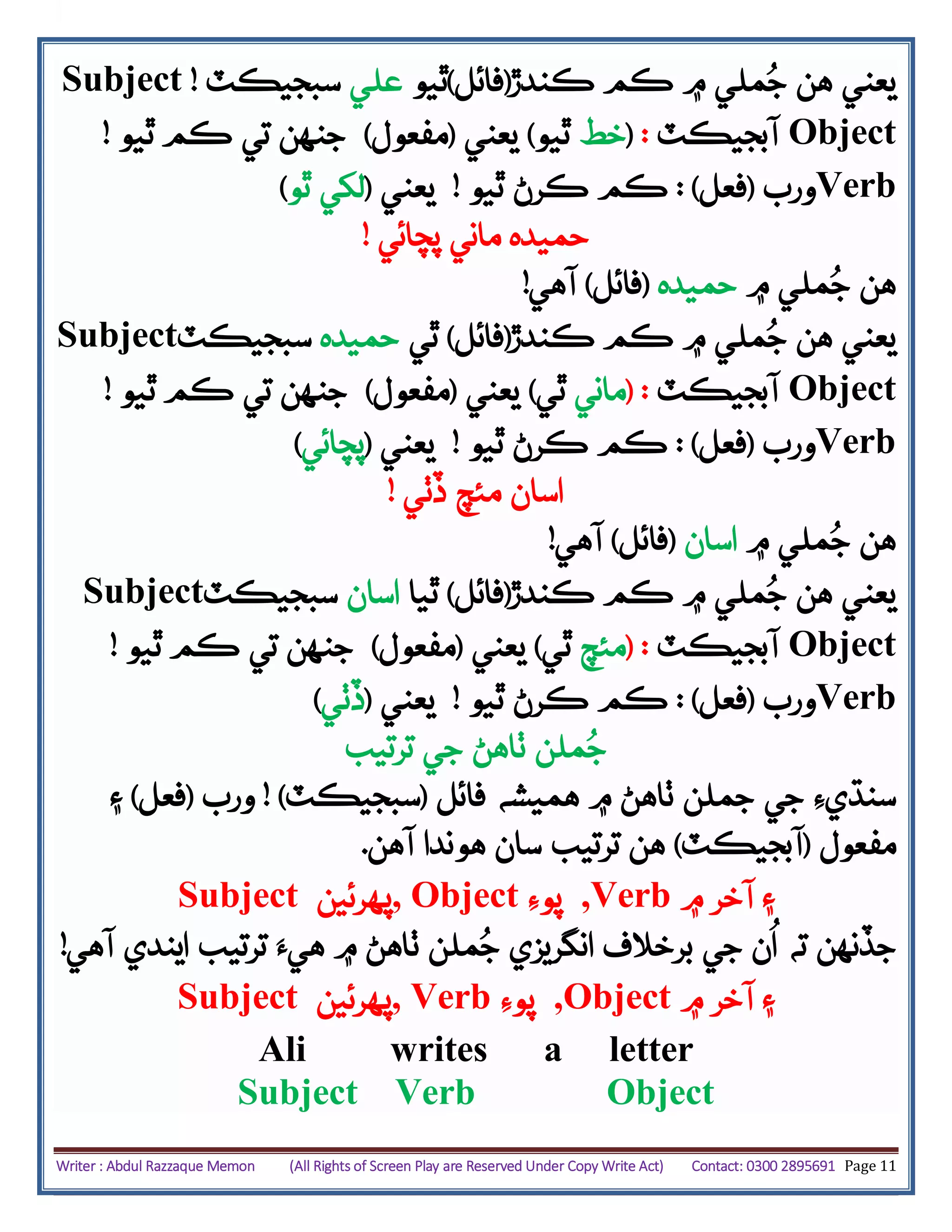 Writer : Abdul Razzaque Memon (All Rights of Screen Play are Reserved Under Copy Write Act) Contact: 0300 2895691 Page 11
Subject ‫يعني‬‫۾‬ ‫ملي‬ُ‫ج‬ ‫هن‬‫ڪم‬‫ڪندڙ‬(‫فائل‬)‫ٿ‬‫ي‬‫و‬‫علي‬‫سبجيڪٽ‬!
‫آبجيڪٽ‬:(‫خط‬‫ٿيو‬)‫يعني‬(‫مفعول‬)‫ٿيو‬ ‫ڪم‬ ‫تي‬ ‫جنهن‬! Object
‫ورب‬(‫فعل‬):‫ٿيو‬ ‫ڪرڻ‬ ‫ڪم‬!‫يعني‬(‫ٿو‬ ‫لکي‬) Verb
‫ماني‬ ‫حميده‬‫پچائي‬!
‫۾‬ ‫ملي‬ُ‫ج‬ ‫هن‬‫حميده‬(‫فائل‬)‫آهي‬!
Subject ‫ڪندڙ‬ ‫ڪم‬ ‫۾‬ ‫ملي‬ُ‫ج‬ ‫هن‬ ‫يعني‬(‫فائل‬)‫ٿي‬‫ح‬‫ميده‬‫سبجيڪٽ‬
‫آبجيڪٽ‬:(‫ماني‬‫ٿي‬)‫يعني‬(‫مفعول‬)‫ٿيو‬ ‫ڪم‬ ‫تي‬ ‫جنهن‬! Object
‫ورب‬(‫فعل‬):‫ٿيو‬ ‫ڪرڻ‬ ‫ڪم‬!‫يعني‬(‫پچائي‬) Verb
‫ڏٺي‬ ‫مئچ‬ ‫اسان‬!
‫۾‬ ‫ملي‬ُ‫ج‬ ‫هن‬‫اسان‬(‫فائل‬)‫آهي‬!
Subject ‫ڪندڙ‬ ‫ڪم‬ ‫۾‬ ‫ملي‬ُ‫ج‬ ‫هن‬ ‫يعني‬(‫فائل‬)‫ٿي‬‫ا‬‫اسان‬‫سبجيڪٽ‬
‫آبجيڪٽ‬:(‫م‬‫ئچ‬‫ٿي‬)‫يعني‬(‫مفعول‬)‫ت‬ ‫جنهن‬‫ٿيو‬ ‫ڪم‬ ‫ي‬! Object
‫ورب‬(‫فعل‬):‫ٿيو‬ ‫ڪرڻ‬ ‫ڪم‬!‫يعني‬(‫ڏٺي‬) Verb
‫ترتيب‬ ‫جي‬ ‫ٺاهڻ‬ ‫ملن‬ُ‫ج‬
‫جملن‬ ‫جي‬ ‫سنڌيِء‬‫ٺاهڻ‬‫۾‬‫هميشه‬‫فائل‬(‫سبجيڪٽ‬! )‫ورب‬(‫فعل‬)‫۽‬
‫مفعول‬(‫آبجيڪٽ‬)‫آهن‬ ‫هوندا‬ ‫سان‬ ‫ترتيب‬ ‫هن‬.
Subject ‫,پهرئين‬ Object ‫پوِء‬ ,Verb ‫۽‬‫۾‬ ‫آخر‬
‫ته‬ ‫جڏنهن‬‫برخالف‬ ‫جي‬ ‫ن‬
ُ
‫ا‬‫انگريزي‬‫ملن‬ُ‫ج‬‫ٺاهڻ‬‫۾‬‫آهي‬ ‫ايندي‬ ‫ترتيب‬ ‫هيَء‬!
Subject ‫,پهرئين‬ Verb ‫پوِء‬ ,Object ‫۾‬ ‫آخر‬ ‫۽‬
Ali writes a letter
Subject Verb Object
 