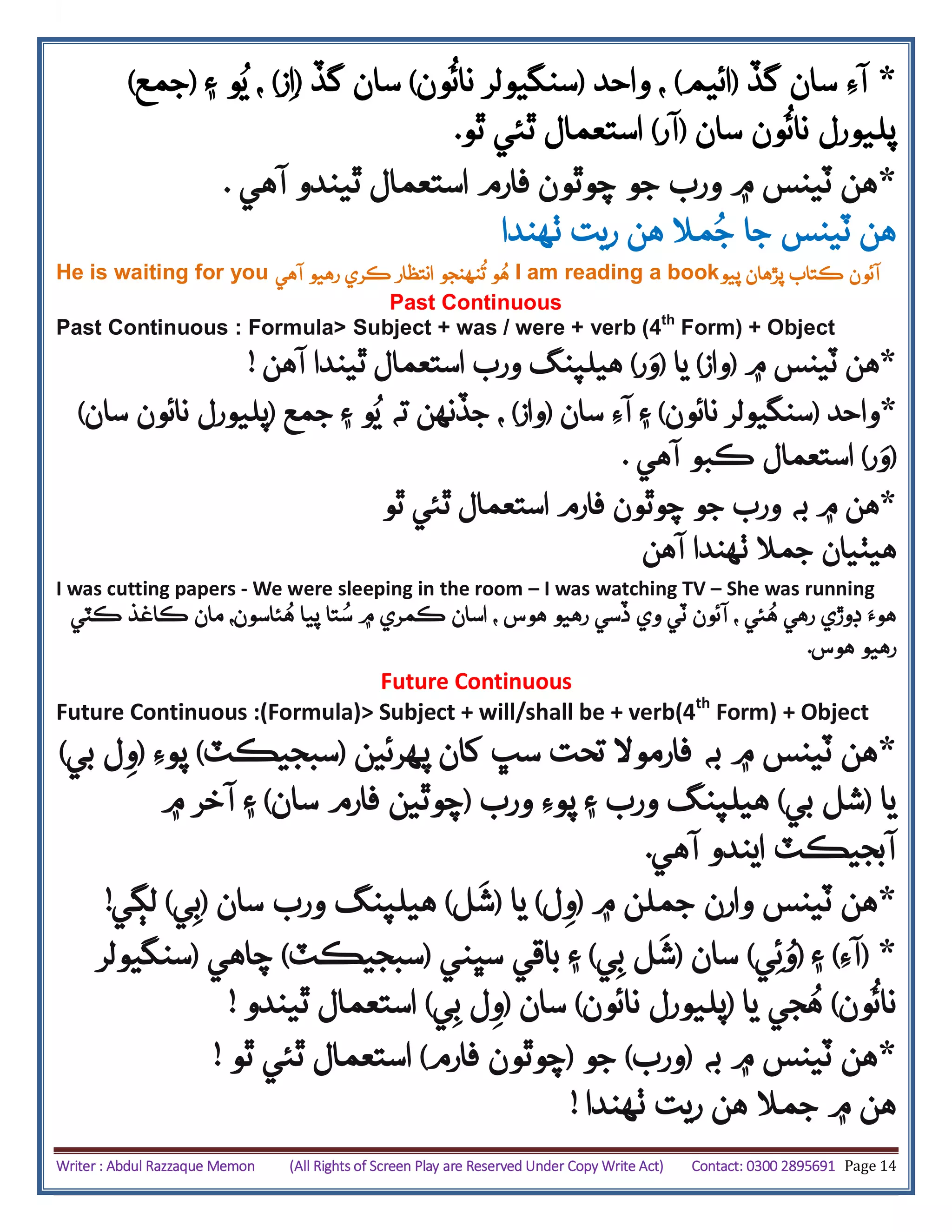 Writer : Abdul Razzaque Memon (All Rights of Screen Play are Reserved Under Copy Write Act) Contact: 0300 2895691 Page 14
*‫گڏ‬ ‫سان‬ ‫آِء‬(‫ائيم‬)‫واحد‬ ،(‫ون‬
ُ
‫نائ‬ ‫سنگيولر‬)‫گڏ‬ ‫سان‬(‫ز‬‫ا‬)‫۽‬ ‫و‬ُ‫ي‬ ،(‫جمع‬)
‫ون‬
ُ
‫نائ‬ ‫پليورل‬‫سان‬(‫آر‬)‫ٿو‬ ‫ٿئي‬ ‫استعمال‬.
*‫آهي‬ ‫ٿيندو‬ ‫استعمال‬ ‫فارم‬ ‫چوٿون‬ ‫جو‬ ‫ورب‬ ‫۾‬ ‫ٽينس‬ ‫هن‬.
‫ٺهندا‬ ‫ريت‬ ‫هن‬ ‫مال‬ُ‫ج‬ ‫جا‬ ‫ٽينس‬ ‫هن‬
He is waiting for you ‫آهي‬ ‫رهيو‬ ‫ڪري‬ ‫انتظار‬ ‫نهنجو‬
ُ
‫ت‬ ‫و‬ُ‫ه‬ I am reading a book‫پيو‬ ‫پڙهان‬ ‫ڪتاب‬ ‫آئون‬
Past Continuous
Past Continuous : Formula> Subject + was / were + verb (4th
Form) + Object
*‫۾‬ ‫ٽينس‬ ‫هن‬(‫واز‬)‫يا‬(‫ر‬‫و‬)‫آهن‬ ‫ٿيندا‬ ‫استعمال‬ ‫ورب‬ ‫هيلپنگ‬!
*‫واحد‬(‫نائون‬ ‫سنگيولر‬)‫سان‬ ‫آِء‬ ‫۽‬(‫واز‬)‫ته‬ ‫جڏنهن‬ ،‫جمع‬ ‫۽‬ ‫و‬ُ‫ي‬(‫سان‬ ‫نائون‬ ‫پليورل‬)
(‫ر‬‫و‬)‫آهي‬ ‫ڪبو‬ ‫استعمال‬.
*‫ٿو‬ ‫ٿئي‬ ‫استعمال‬ ‫فارم‬ ‫چوٿون‬ ‫جو‬ ‫ورب‬ ‫به‬ ‫۾‬ ‫هن‬
‫آهن‬ ‫ٺهندا‬ ‫جمال‬ ‫هيٺيان‬
I was cutting papers - We were sleeping in the room – I was watching TV – She was running
، ‫هوس‬ ‫رهيو‬ ‫ڏسي‬ ‫وي‬ ‫ٽي‬ ‫آئون‬ ، ‫ئي‬ُ‫ه‬ ‫رهي‬ ‫ڊوڙي‬ ‫هوَء‬‫ڪٽي‬ ‫ڪاغذ‬ ‫مان‬ ،‫ئاسون‬ُ‫ه‬ ‫پيا‬ ‫تا‬ُ‫س‬ ‫۾‬ ‫ڪمري‬ ‫اسان‬
‫هوس‬ ‫رهيو‬.
Future Continuous
Future Continuous :(Formula)> Subject + will/shall be + verb(4th
Form) + Object
*‫۾‬ ‫ٽينس‬ ‫هن‬‫به‬‫تح‬ ‫فارموال‬‫ت‬‫پهرئين‬ ‫کان‬ ‫سڀ‬(‫سبجيڪٽ‬)‫پوِء‬(‫بي‬ ‫ل‬‫و‬)
‫يا‬(‫بي‬ ‫شل‬)‫ورب‬ ‫پوِء‬ ‫۽‬ ‫ورب‬ ‫هيلپنگ‬(‫سان‬ ‫فارم‬ ‫چوٿين‬)‫۾‬ ‫آخر‬ ‫۽‬
‫آهي‬ ‫ايندو‬ ‫آبجيڪٽ‬.
*‫۾‬ ‫جملن‬ ‫وارن‬ ‫ٽينس‬ ‫هن‬(‫ل‬‫و‬)‫يا‬(‫ل‬‫ش‬)‫سان‬ ‫ورب‬ ‫هيلپنگ‬(‫ي‬‫ب‬)‫لڳي‬!
*(‫آ‬‫ِء‬)‫۽‬(‫ي‬‫ئ‬ُ‫و‬)‫سان‬(‫ل‬‫ش‬‫ي‬‫ب‬)‫سڀني‬ ‫باقي‬ ‫۽‬(‫سبجيڪٽ‬)‫چاهي‬(‫سنگيولر‬
‫ون‬
ُ
‫نائ‬)‫يا‬ ‫جي‬ُ‫ه‬(‫نائون‬ ‫پليورل‬)‫سان‬(‫ي‬‫ب‬ ‫ل‬‫و‬)‫ٿيندو‬ ‫استعمال‬!
*‫به‬ ‫۾‬ ‫ٽينس‬ ‫هن‬(‫ورب‬)‫جو‬(‫فارم‬ ‫چوٿون‬)‫ٿو‬ ‫ٿئي‬ ‫استعمال‬!
‫ٺهندا‬ ‫ريت‬ ‫هن‬ ‫جمال‬ ‫۾‬ ‫هن‬!
 