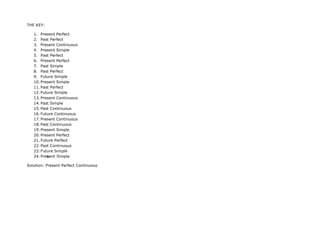 THE KEY:
1. Present Perfect
2. Past Perfect
3. Present Continuous
4. Present Simple
5. Past Perfect
6. Present Perfect
7. Past Simple
8. Past Perfect
9. Future Simple
10. Present Simple
11. Past Perfect
12. Future Simple
13. Present Continuous
14. Past Simple
15. Past Continuous
16. Future Continuous
17. Present Continuous
18. Past Continuous
19. Present Simple
20. Present Perfect
21. Future Perfect
22. Past Continuous
23. Future Simple
24. Present Simple
Solution: Present Perfect Continuous
 