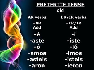 PRETERITE TENSE did AR verbs – AR Add -é -aste -ó -amos -asteis -aron ER/IR verbs – ER/IR Add -í -iste -ió -imos -isteis -ieron