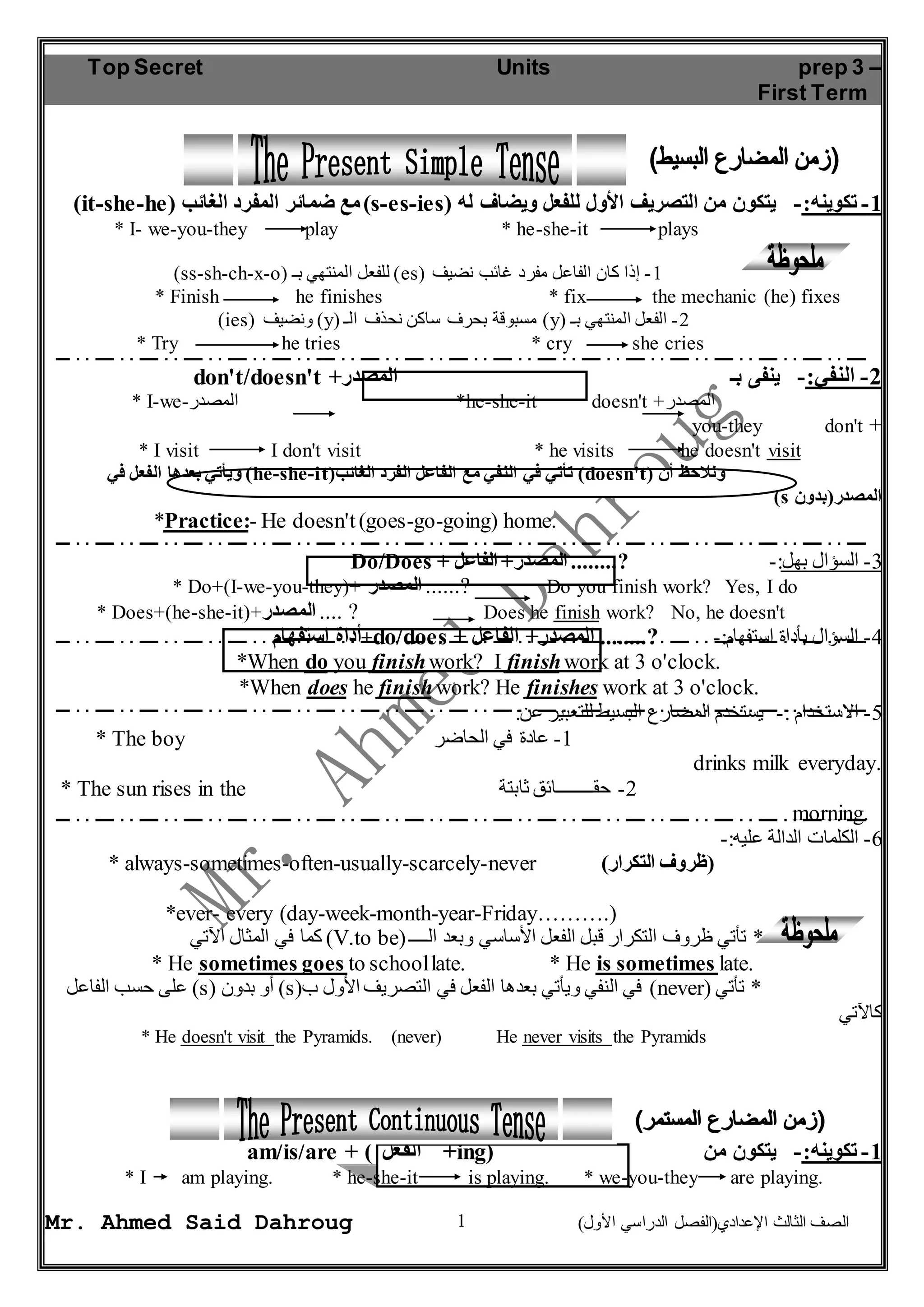 Top Secret Units prep 3 – 
First Term 
)it-she-he( مع ضمائر المفرد الغائب )s-es-ies( -1 تكوينه:- يتكون من التصريف الأول للفعل ويضاف له 
* I- we-you-they play * he-she-it plays 
)ss-sh-ch-x-o( للفعل المنتهي بـ )es( -1 إذا كان الفاعل مفرد غائب نضيف 
* Finish he finishes * fix the mechanic (he) fixes 
)ies( ونضيف )y( مسبوقة بحرف ساكن نحذف الـ )y( -2 الفعل المنتهي بـ 
* Try he tries * cry she cries 
don't/doesn't + -2 النفي:- ينفى بـ المصدر 
* I-we- المصدر *he-she-it doesn't + المصدر 
* I visit I don't visit * he visits he doesn't visit 
ويأتي بعدها الفعل في )he-she-it( تأتي في النفي مع الفاعل الفرد الغائب )doesn't( ونلاحظ أن 
*Practice:- He doesn't (goes-go-going) home. 
Do/Does + -3 السؤال بهل:- ?........ المصدر+ الفاعل 
* Do+(I-we-you-they)+ المصدر ......? Do you finish work? Yes, I do 
* Does+(he-she-it)+ المصدر .... ? Does he finish work? No, he doesn't 
أداة استفهام +do/does + -4 السؤال بأداة استفهام:- ?........ المصدر+ الفاعل 
*When do you finish work? I finish work at 3 o'clock. 
*When does he finish work? He finishes work at 3 o'clock. 
* The boy -1 عادة في الحاضر 
* The sun rises in the -2 حقــــــــائق ثابتة 
* always-sometimes-often-usually-scarcely-never ) )ظروف التكرار 
*ever- every (day-week-month-year-Friday……….) 
كما في المثال الآتي )V.to be( * تأتي ظروف التكرار قبل الفعل الأساسي وبعد الــــ 
* He sometimes goes to school late. * He is sometimes late. 
على حسب الفاعل )s( أو بدون )s( في النفي ويأتي بعدها الفعل في التصريف الأول ب )never( * تأتي 
* He doesn't visit the Pyramids. (never) He never visits the Pyramids 
am/is/are + ( الفعل +ing) -1 تكوينه:- يتكون من 
* I am playing. * he-she-it is playing. * we-you-they are playing. 
1 
you-they don't + 
)s المصدر)بدون 
-5 الاستخدام :- يستخدم المضارع البسيط للتعبير عن: 
drinks milk everyday. 
morning. 
-6 الكلمات الدالة عليه:- 
كالآتي 
Mr. Ahmed Said Dahroug ) الصف الثالث الإعدادي)الفصل الدراسي الأول 
 