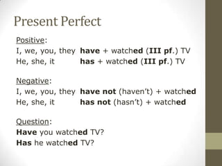 Present Perfect
Positive:
I, we, you, they have + watched (III pf.) TV
He, she, it has + watched (III pf.) TV
Negative:
I, we, you, they have not (haven’t) + watched
He, she, it has not (hasn’t) + watched
Question:
Have you watched TV?
Has he watched TV?
 