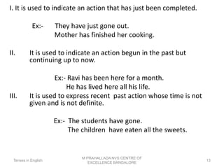 I. It is used to indicate an action that has just been completed.
Ex:- They have just gone out.
Mother has finished her cooking.
II. It is used to indicate an action begun in the past but
continuing up to now.
Ex:- Ravi has been here for a month.
He has lived here all his life.
III. It is used to express recent past action whose time is not
given and is not definite.
Ex:- The students have gone.
The children have eaten all the sweets.
Tenses in English
M PRAHALLADA NVS CENTRE OF
EXCELLENCE BANGALORE
13
 