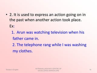 • 2. It is used to express an action going on in
the past when another action took place.
Ex:
1. Arun was watching television when his
father came in.
2. The telephone rang while I was washing
my clothes.
Tenses in English
M PRAHALLADA NVS CENTRE OF
EXCELLENCE BANGALORE
18
 