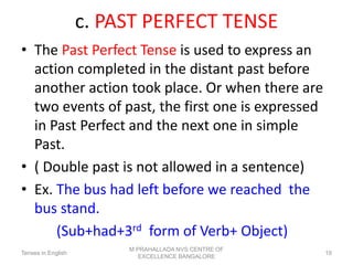 c. PAST PERFECT TENSE
• The Past Perfect Tense is used to express an
action completed in the distant past before
another action took place. Or when there are
two events of past, the first one is expressed
in Past Perfect and the next one in simple
Past.
• ( Double past is not allowed in a sentence)
• Ex. The bus had left before we reached the
bus stand.
(Sub+had+3rd form of Verb+ Object)
Tenses in English
M PRAHALLADA NVS CENTRE OF
EXCELLENCE BANGALORE
19
 