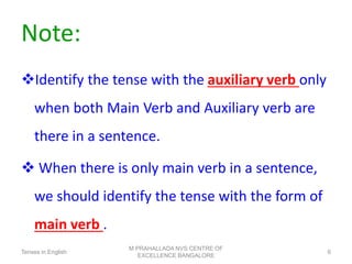 Note:
❖Identify the tense with the auxiliary verb only
when both Main Verb and Auxiliary verb are
there in a sentence.
❖ When there is only main verb in a sentence,
we should identify the tense with the form of
main verb .
Tenses in English
M PRAHALLADA NVS CENTRE OF
EXCELLENCE BANGALORE
6
 