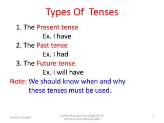 Types Of Tenses
1. The Present tense
Ex. I have
2. The Past tense
Ex. I had
3. The Future tense
Ex. I will have
Note: We should know when and why
these tenses must be used.
Tenses in English
M PRAHALLADA NVS CENTRE OF
EXCELLENCE BANGALORE
7
 