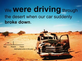 We were driving through the desert when our car suddenly brokedown.PastFuturePresentInterrupted action in the past 