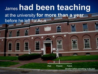 James had been teaching at the university for more than a year before he left for Asia. PastFuturePresentDuration before something in the past