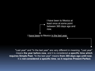 I have been to Mexico at least once at some point between 365 days ago and now.I have been to Mexico in the last year."Last year" and "in the last year" are very different in meaning. "Last year" means the year before now, and it is considered a specific time which requires Simple Past. "In the last year" means from 365 days ago until now. It is not considered a specific time, so it requires Present Perfect.  