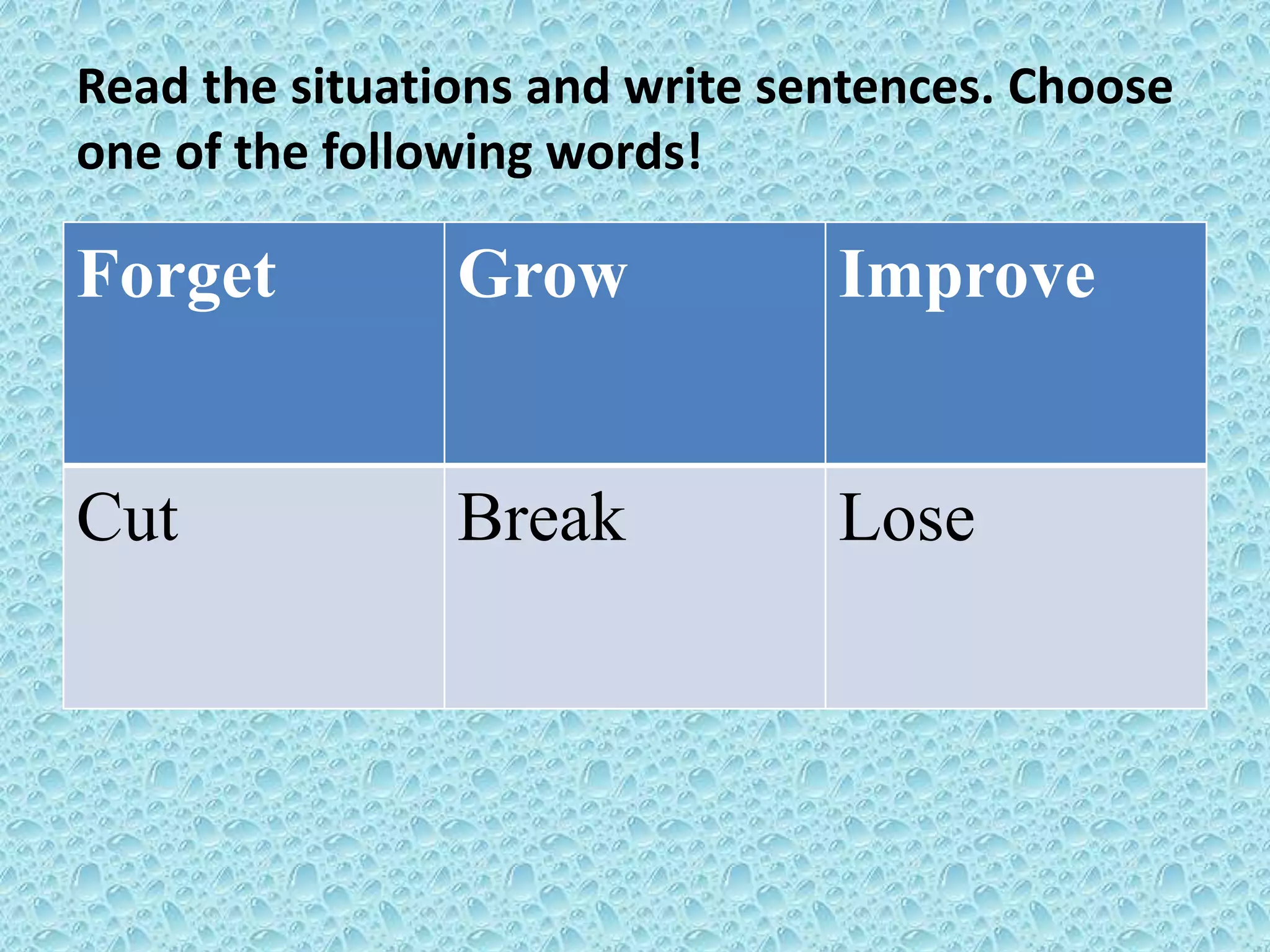 Read the situations and write sentences. Choose 
one of the following words! 
Forget Grow Improve 
Cut Break Lose 
 