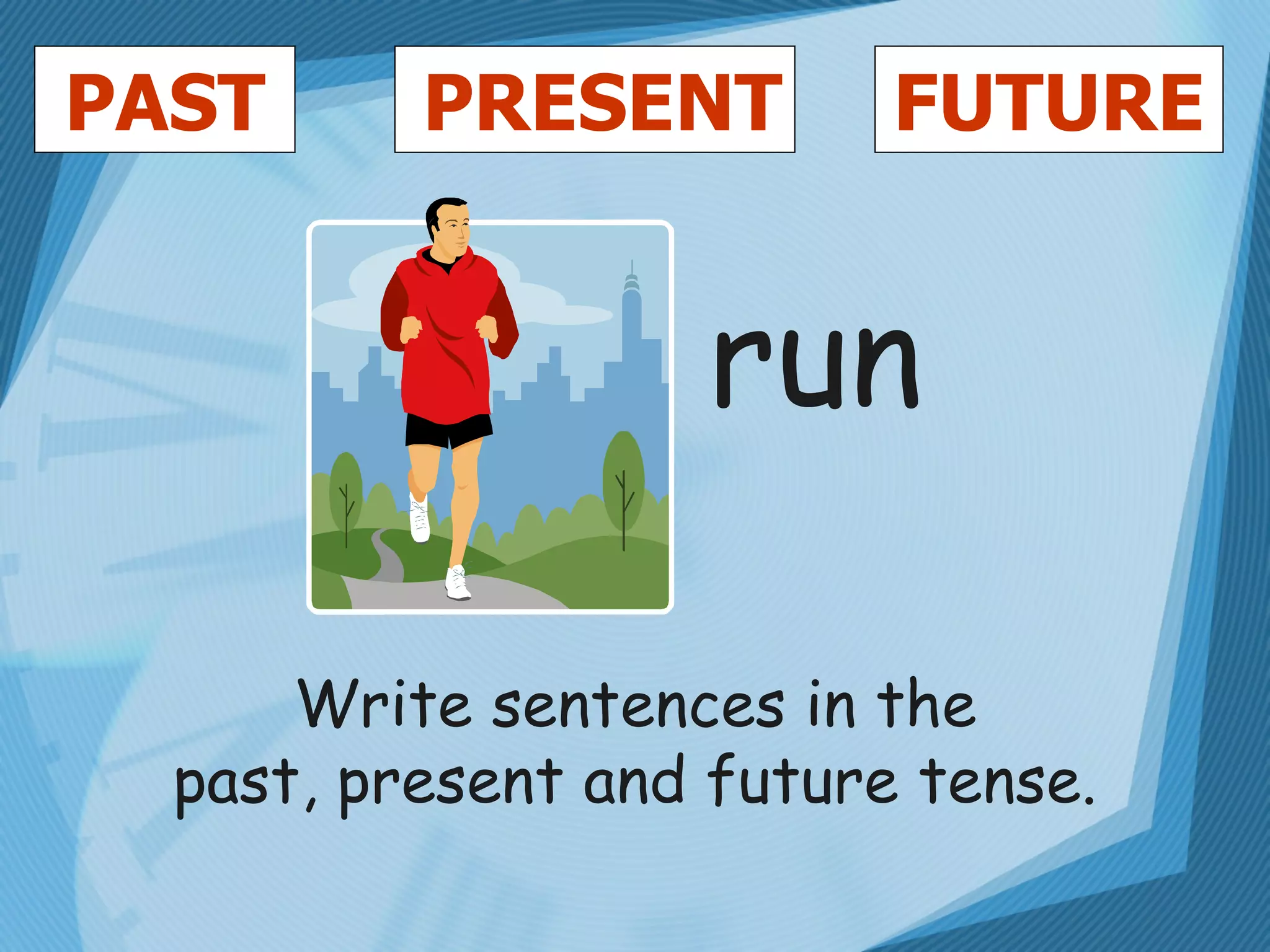PAST FUTURE PRESENT run Write sentences in the past, present and future tense. 