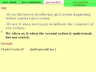 past simple past continuous past perfect past perfect continuous USE W e use this tense to describe  one past action happening before another past action.  We use it when necessary to indicate the sequence of two actions.  We often us it when the second action is understood, but not stated. Example I  hadn’t realized!   (until you told me.) 