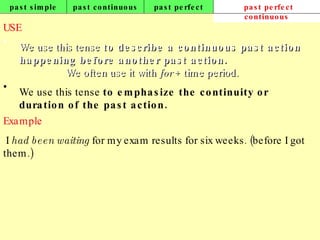 past simple past continuous past perfect past perfect continuous USE We use this tense  to describe a continuous past action happening before another past action.  We often use it with  for  + time period.   We use this tense  to emphasize the continuity or duration of the past action. Example   I  had been waiting  for my exam results for six weeks. (before I got them.) 