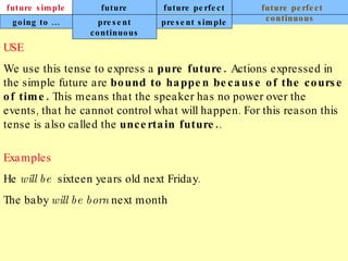 future simple future continuous future perfect future perfect continuous USE We use this tense to express a  pure future.  Actions expressed in the simple future are  bound to happen because of the course of time.  This means that the speaker has no power over the events, that he cannot control what will happen. For this reason this tense is also called the  uncertain future. .   Examples He  will be  sixteen years old next Friday. The baby  will be born  next month going to ... present continuous present simple 