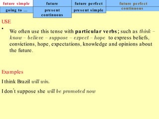 future simple future continuous future perfect future perfect continuous USE We often use this tense with  particular verbs;  such as  think – know – believe – suppose – expect – hope  to express beliefs, convictions, hope, expectations, knowledge and opinions about the future. Examples I think Brazil  will win. I don’t suppose she  will be promoted now   going to ... present continuous present simple 