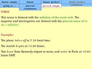 future simple future continuous future perfect future perfect continuous FORM This tense is formed with the  infinitive of the main verb . The negative and interrogative are formed with the  present tense of  to do + infinitive   Examples The plane  takes off  at 7.30 local time. The match  begins  at 14.00 hours. You  leave  from Kennedy airport at noon, and  arrive  in Paris at 15.00 hours GMT. going to ... present continuous present simple 