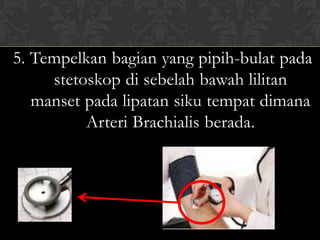 5. Tempelkan bagian yang pipih-bulat pada
     stetoskop di sebelah bawah lilitan
   manset pada lipatan siku tempat dimana
          Arteri Brachialis berada.
 